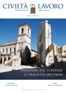 Copertina del n. 1/2017 di Civiltà del Lavoro: macerie in uno dei centri colpiti dal sisma dell'Italia centrale
