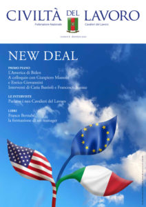 Copertina del n. 6/2020 di Civiltà del Lavoro. Elaborazione grafica: una piantina con tre foglie con i colori delle bandiere di Stati Uniti, Unione Europea e Italia