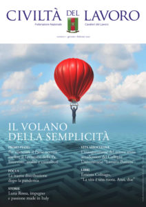 Copertina del n. 1/2021 di Civiltà del Lavoro: Un uomo, trasportato da una mongolfiera, sorvola un labirinto