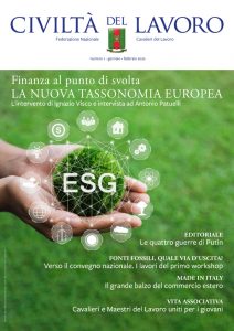 Copertina del n. 1/2022 di Civiltà del Lavoro: elaborazione grafica di due mani che reggono una sfera di erba