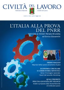 Copertina del n. 2/2022 di Civiltà del Lavoro. Ingranaggi con i colori della bandiera italiana. In un riquadro: il Presidente della Federazione Maurizio Sella