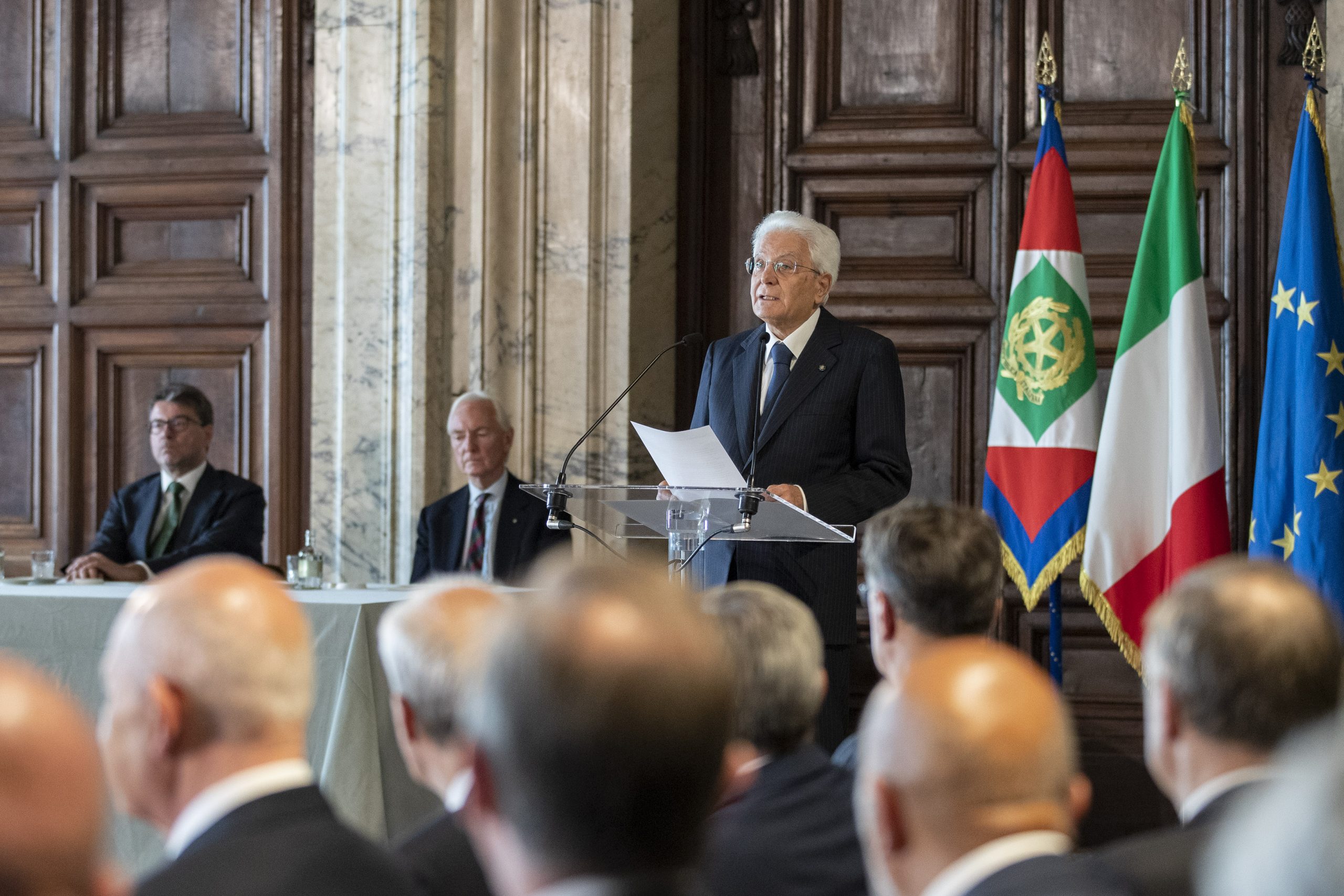 Presidente della Repubblica Sergio Mattarella durante il suo intervento alla cerimonia di consegna delle insegne di Cavaliere dell’Ordine “Al Merito del Lavoro