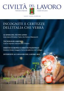 Copertina del n. 6/2022 di Civiltà del Lavoro. Elaborazione grafica con una mano che regge una lampadina, pile di monete, grafici finanziari e un punto interrogativo