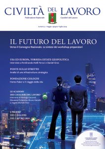 La copertina di Civiltà del Lavoro 3/2024: una donna e un uomo, di spalle, guardano una skyline di grattacieli